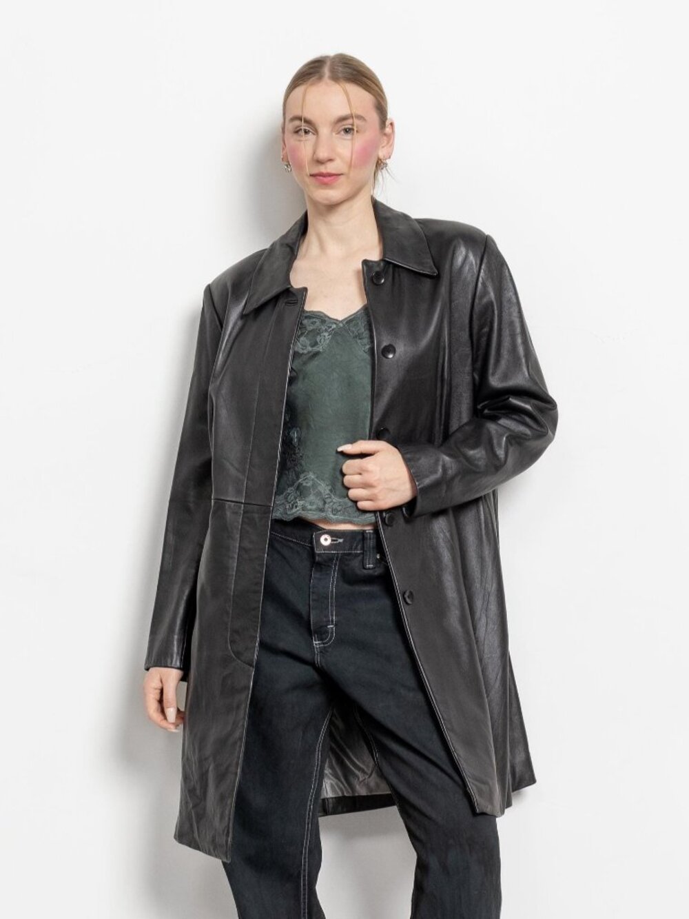 BLACK LEATHER TRENCH Vintage Midi Jacket Coat Blazer Woman 90's Oversize Medium